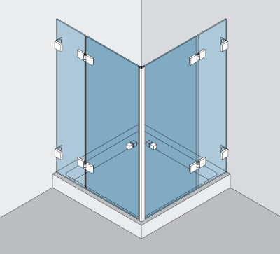 Beschlagset BH 112 Typ 220, mit Hebe-Senk-Funktion, für 2 Duschtüren an Wand über Eck 90°, Festteile mit Winkelverbindern befestigt