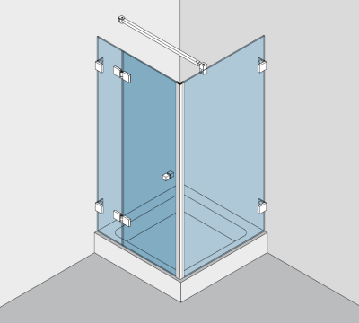 Beschlagset BH 112 Typ 230, mit Hebe-Senk-Funktion, für Duschtür 180° an Festteil mit 90° Festteil in einer Ecke, DIN links, Festteile mit Winkelverbindern befestigt