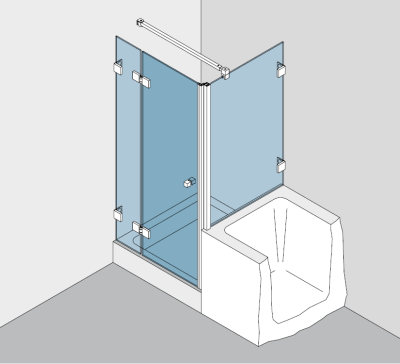 Beschlagset BH 112 Typ 231, mit Hebe-Senk-Funktion, für Duschtür 180° an Festteil, 90° Festteil auf Wanne, DIN links, Festteile mit Winkelverbindern befestigt