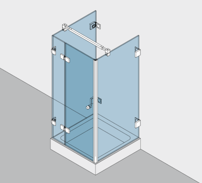 Beschlagset BH 112 Typ 233, mit Hebe-Senk-Funktion, für Duschtür in der Front an 180°Festteil, 2 Seitenteile 90° mit Winkelverbindern befestigt an Wand, DIN links