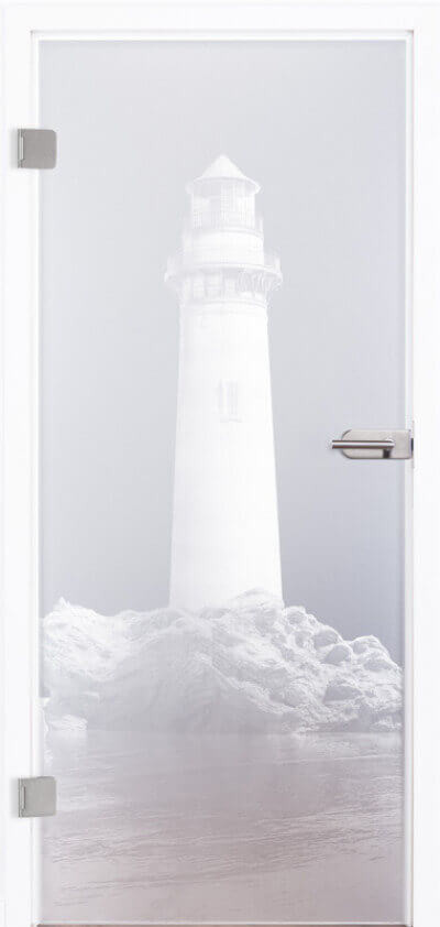 Glastür aus Satinato mit Motiv Lighthouse
