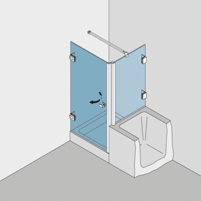 Dusche aus Echtglas BF 112 Typ 131W, Festteil auf Badewanne mit Winkelverbindern befestigt