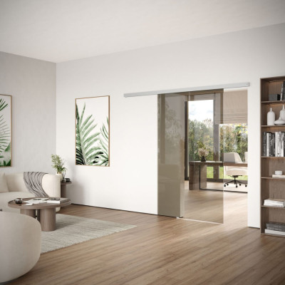 DORMA MUTO Comfort L - 80 Glasschiebetür zur Wandmontage mit Floatglas bronze, Schiebetürbeschlag LM silber