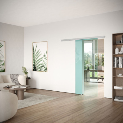 DORMA MUTO Comfort M 60 2.0 Glasschiebetür zur Wandmontage mit Floatglas grün, Schiebetürbeschlag LM silber