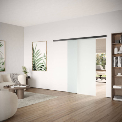 DORMA MUTO Comfort M 60 Glasschiebetür zur Wandmontage mit Klarglas satiniert, Schiebetürbeschlag LM schwarz Feinstruktur matt