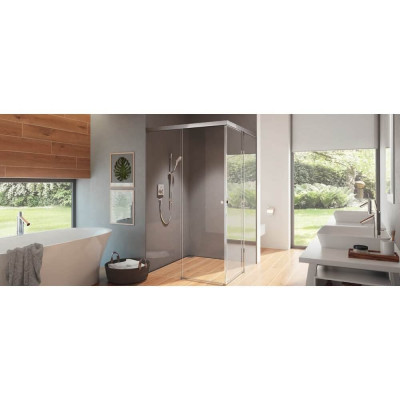 Abbildung zeigt Duschbeschlagset vitris Aquant 40, für 2fügelige Duschschiebetür mit Festteilen in einer Ecke, mit SoftStop, mit Grifftechnik