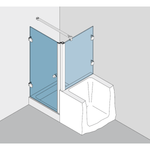 Beschlagset BH 112 Typ 131, für einflügelige Duschtuer, DIN links, mit 90° Festteil mit Winkelverbindern befestigt, auf Wanne