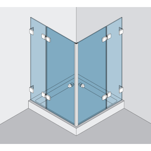 Beschlagset BH 112 Typ 220, mit Hebe-Senk-Funktion, für 2 Duschtüren an Wand über Eck 90°, Festteile mit Winkelverbindern befestigt
