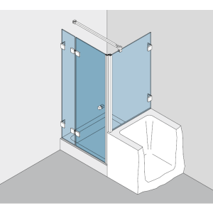 Beschlagset BH 112 Typ 231, mit Hebe-Senk-Funktion, für Duschtür 180° an Festteil, 90° Festteil auf Wanne, DIN links, Festteile mit Winkelverbindern befestigt