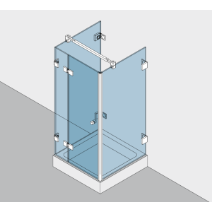 Beschlagset BH 112 Typ 233, mit Hebe-Senk-Funktion, für Duschtür in der Front an 180°Festteil, 2 Seitenteile 90° mit Winkelverbindern befestigt an Wand, DIN links