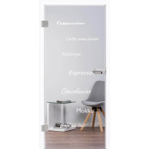 Glastür aus Klarglas mit Motiv Barista
