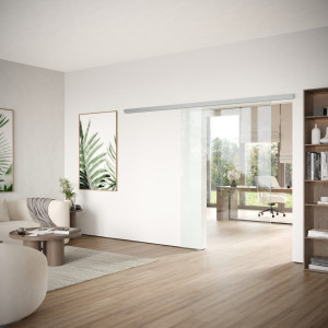 Glasschiebetür aus Klarglas zur Wandmontage mit Schiebetürbeschlag DORMA MUTO Comfort L 80 in LM silber eloxiert