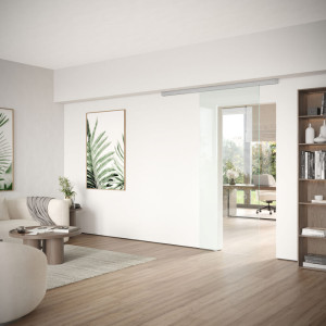 DORMA MUTO Comfort M 60 Glasschiebetür bis 950 mm Breite, zur Deckenmontage, Darstellung mit Klarglas, Schiebetürbeschlag LM silber