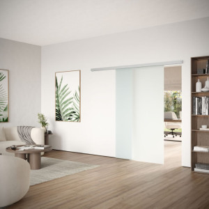 DORMA MUTO Comfort M 60 2.0 Glasschiebetür bis 1.100 mm Breite, zur Wandmontage, Darstellung mit Klarglas satiniert, Schiebetürbeschlag LM silber