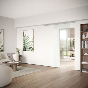 DORMA MUTO Comfort M 60 2.0 Glasschiebetür bis 1.100 mm Breite, zur Deckenmontage, Darstellung mit Master-Carré, Schiebetürbeschlag LM silber