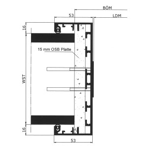 Alu Durchgangs-Umfassungszarge in Standardausfuehrung ohne Falzbereich, mit OSB-Platte und Verblendung im Stoßbereich - bei Wanddicken bis 149 mm