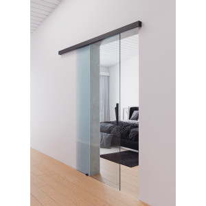 Glasschiebetür mit InfinitySlide, als Set bestehend aus Glasschiebetuer und Schiebetuerbeschlag in Stealth black, bis 1000 mm Flügelbreite, zur Wandmontage