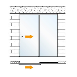 1 fluegelige Glasschiebetuer mit Seitenteil mit WSS SPRINT Schiebetuerbeschlag montiert im Durchgang an Decke oder Sturz