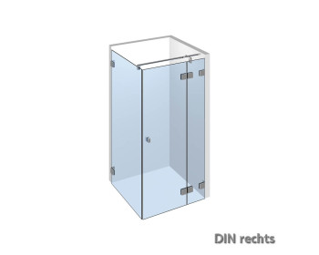 Echtglasdusche Nivello+ als Eckdusche mit wandseitigem Festteil daran im 180° Winkel die Duschtuer, dazu 90° Seitenteil;DIN rechts