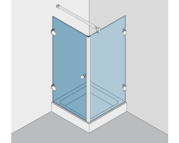 Beschlagset BH 112 Typ 130W, für 1 Duschtür an Wand, DIN links, dazu 90° Festteil befestigt mit Winkelverbindern, Eckausführung