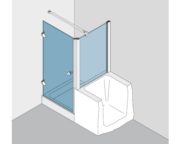 Beschlagset BH 112 Typ 131, für einflügelige Duschtür, DIN links, mit 90° Festteil mit Profil befestigt, auf Wanne