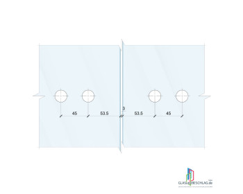 WSS Studio Glastürband Glas-Glas 180° - zur Montage an Glas-Seitenteilen - Ansicht der notwendigen Glasbearbeitung - ABWEICHEND zu STUDIO-Standard