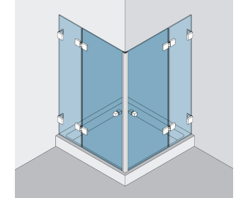 Beschlagset BH 112 Typ 220, mit Hebe-Senk-Funktion, für 2 Duschtueren an Wand ueber Eck 90°, Festteile mit Winkelverbindern befestigt