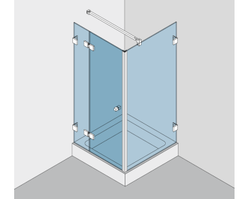 Beschlagset BH 112 Typ 230, mit Hebe-Senk-Funktion, fuer Duschtuer 180° an Festteil mit 90° Festteil in einer Ecke, DIN links, Festteile mit Winkelverbindern befestigt