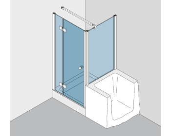 Beschlagset BH 112 Typ 231, mit Hebe-Senk-Funktion, für Duschtür 180° an Festteil, 90° Festteil auf Wanne, DIN links, Festteile mit Profilen befestigt
