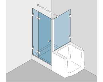 Beschlagset BH 112 Typ 231, mit Hebe-Senk-Funktion, für Duschtür 180° an Festteil, 90° Festteil auf Wanne, DIN links, Festteile mit Winkelverbindern befestigt