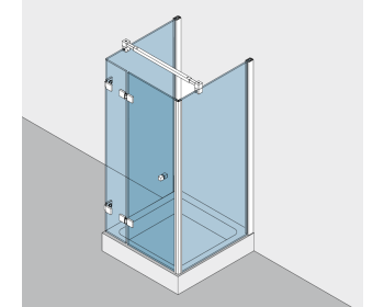 Beschlagset BH 112 Typ 233, mit Hebe-Senk-Funktion, für Duschtür in der Front an 180°Festteil, 2 Seitenteile 90° mit Profilen befestigt an Wand, DIN links
