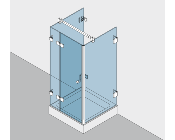 Beschlagset BH 112 Typ 233, mit Hebe-Senk-Funktion, für Duschtür in der Front an 180°Festteil, 2 Seitenteile 90° mit Winkelverbindern befestigt an Wand, DIN links