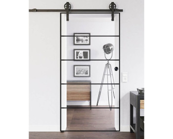 Einbaubeispiel - BASIC Glasschiebetürbeschlag KANSAS zur Wandmontage mit einer Glastür in Loftoptik