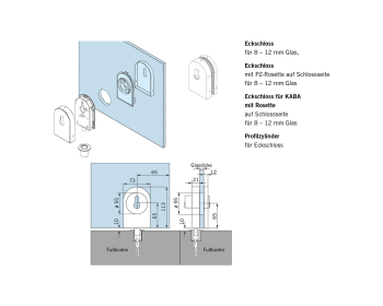 unteres DORMA Manet Eckschloss mit PZ-Rosette - Systemdarstellung am Glas