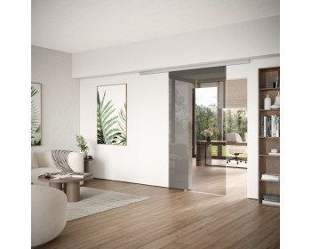 DORMA MUTO Comfort L 80 Glasschiebetür zur Deckenmontage mit Floatglas grau, Schiebetürbeschlag LM silber
