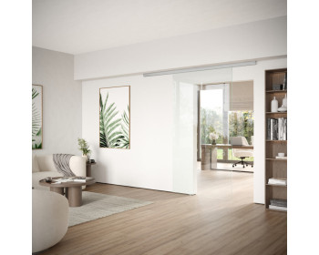 DORMA MUTO Comfort L 80 Glasschiebetür zur Deckenmontage mit Klarglas, Schiebetürbeschlag LM silber