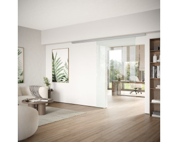 Glasschiebetuer aus Klarglas mit Dorma MUTO Comfort L 80 Schiebetuerbeschlagset in LM silber eloxiert mit Klarglas, zur Deckenmontage, Laufschiene 2.880 mm