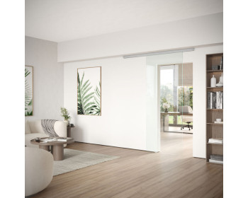 DORMA MUTO Comfort M 60 2.0 Glasschiebetür bis 950 mm Breite, zur Deckenmontage, Darstellung mit Klarglas, Schiebetürbeschlag LM silber