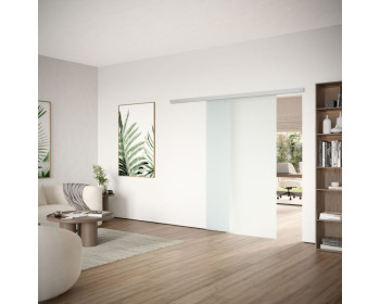 DORMA MUTO Comfort M 60 2.0 Glasschiebetür bis 1.100 mm Breite, zur Wandmontage, Darstellung mit Klarglas satiniert, Schiebetürbeschlag LM silber