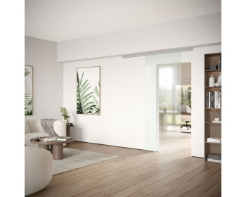 DORMA MUTO Comfort M 60 2.0 Glasschiebetür bis 1.100 mm Breite, zur Deckenmontage, Darstellung mit Master-Carré, Schiebetürbeschlag LM silber