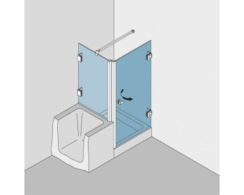 Dusche aus Echtglas BF 112 Typ 131W, Festteil auf Badewanne mit Winkelverbindern befestigt - Abbildung DIN rechts