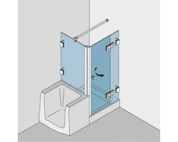Eckdusche BF 112 Typ 231W - aus Echtglas, Befestigung des Festteils an der Wand mittels Winkelverbindern - Abbildung DIN rechts