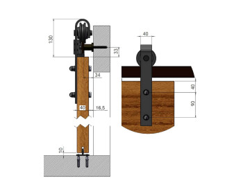 Querschnitt - BASIC - Set Holzschiebetür mit Grifftechnik, Schiebetürbeschlag punktgehalten, zur Wandmontage