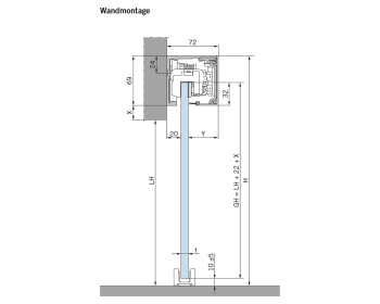 Dorma MUTO XL Schiebetuersystem bei Wandmontage - Querschnitt