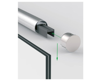 Einbaubeispiel zeigt Endkappe, Handlauf, Elastomer und VSG als Ganzglasgeländer im Treppenabgang