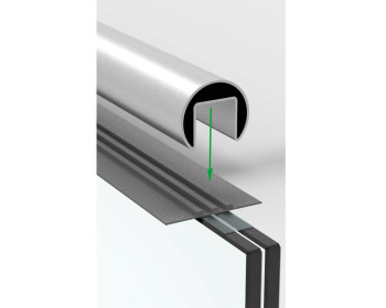 Abbildung zeigt Handlauf für Ganzglasgeländer aus Edelstahl A2, im Durchmesser 48,3 mm, für 25,52 mm Glasdicke mit Elastomer und VSG