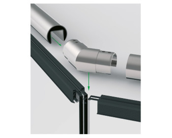 Einbaubeispiel zeigt Rohrverbinder 135° waagerecht, Handlauf, Elastomer und VSG
