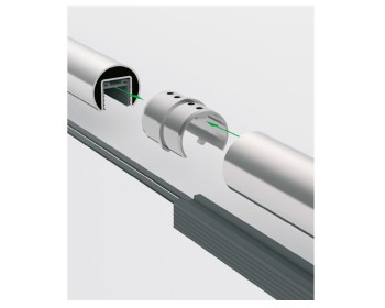 Einbaubeispiel zeigt Verbinder 180° mit Handlauf, Elastomer und VSG als Ganzglasgeländer