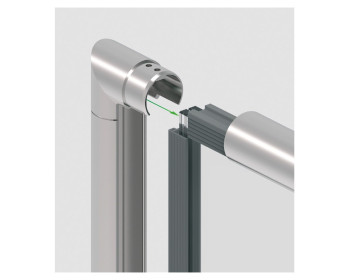 Einbaubeispiel zeigt Rohrverbinder 90° waagerecht, Handlauf, Elastomer und VSG