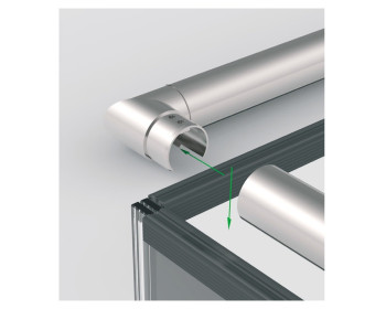 Einbaubeispiel zeigt Rohrverbinder 90° waagerecht, Handlauf, Elastomer und VSG